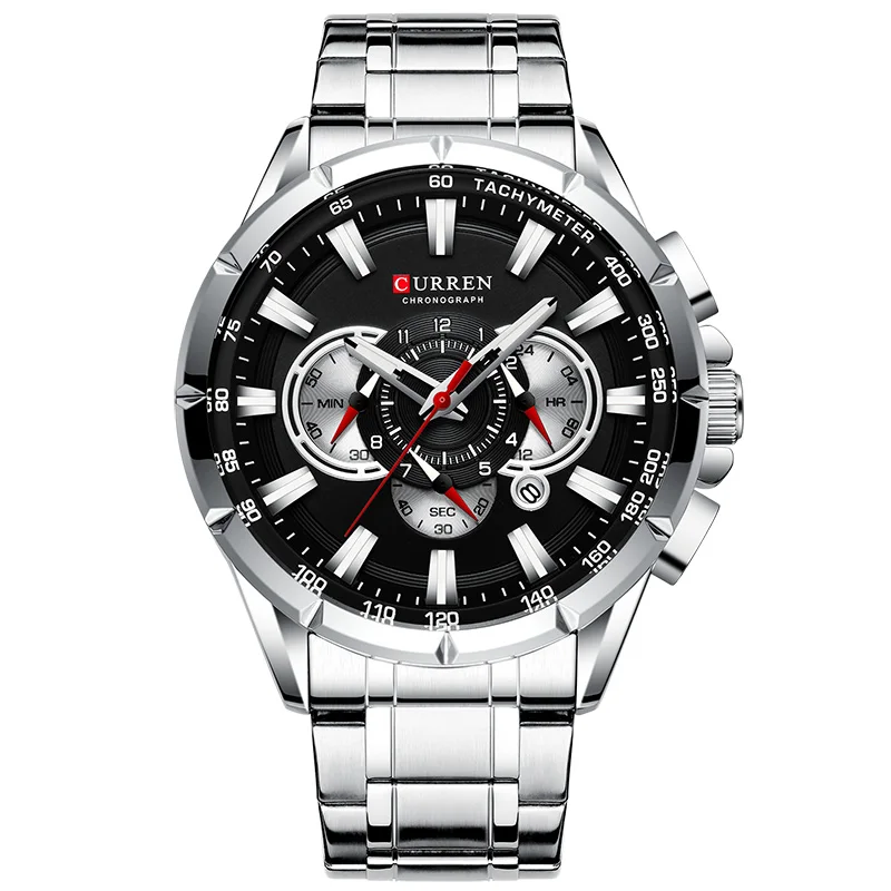 Silver Black Curren 8363, мужские водонепроницаемые часы с хронографом, военные армейские мужские часы из нержавеющей стали, роскошные Брендовые мужские спортивные часы - Цвет: Silver Black