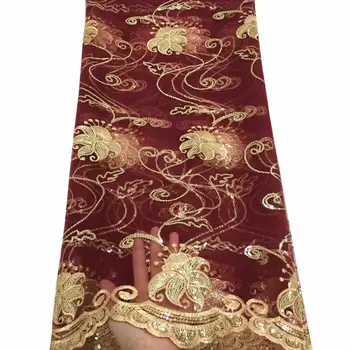 

Wine Red Nigerian Lace Fabric Gold sequins African Swiss Lace Fabric Free Shipping Nigerian Lace Sequin fabric free shipping