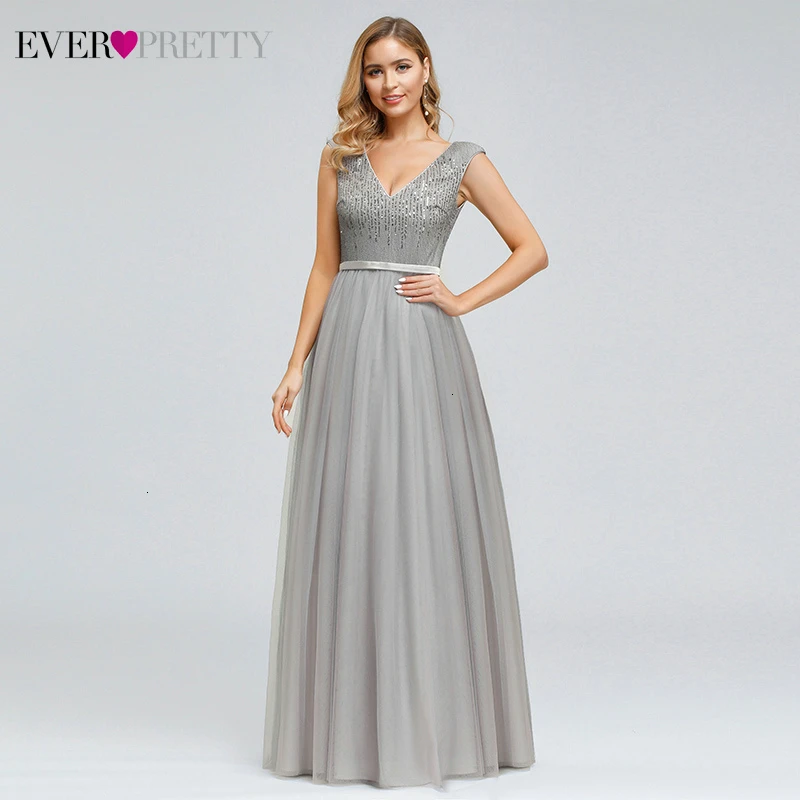 

Elegant Grey Evening Dresses Long Ever Pretty A-Line V-Neck Sleeveless Sequined Tulle Formal Evening Gowns For Party Vestido