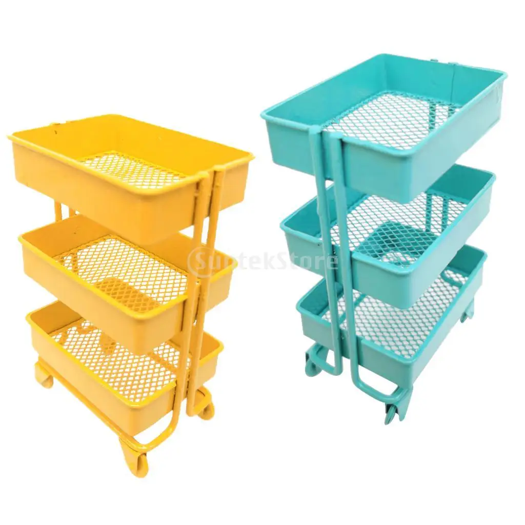Modern 1:12 Scale Mini Trolley Storage Shelf w/ 4 Wheels Dollhouse Decor