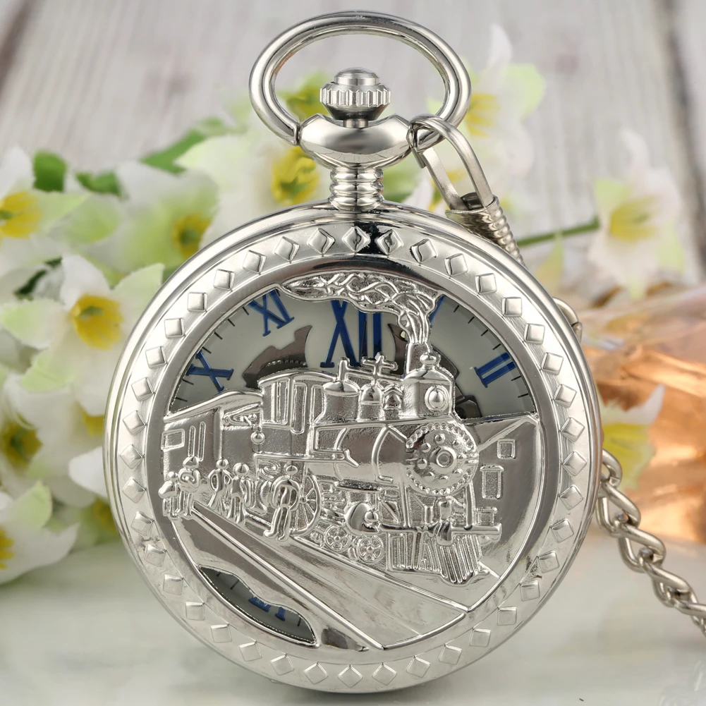 Уникальный Серебряный чехол для парового поезда карманные часы тонкий циферблат Прочный Сплав ожерелье грубая цепочка аксессуар кулон часы