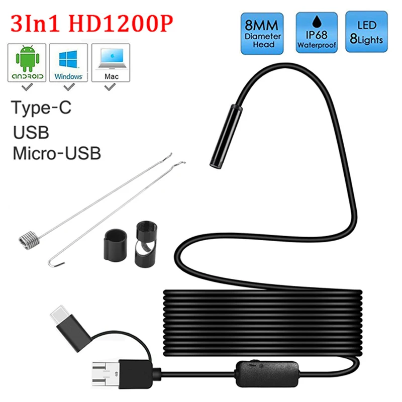 Endoscopio de cámara con lente de 8mm, endoscopio HD 1200P IP68, tubo Flexible duro de 2M, Mirco USB tipo C, boroscopio de inspección de vídeo para endoscopio Android