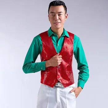

2019 New Fashion Leisure Men Vests Suits Slim Sequins Gold Red Black White Gray Dj Stage Men Sequins Vests Free Shipping
