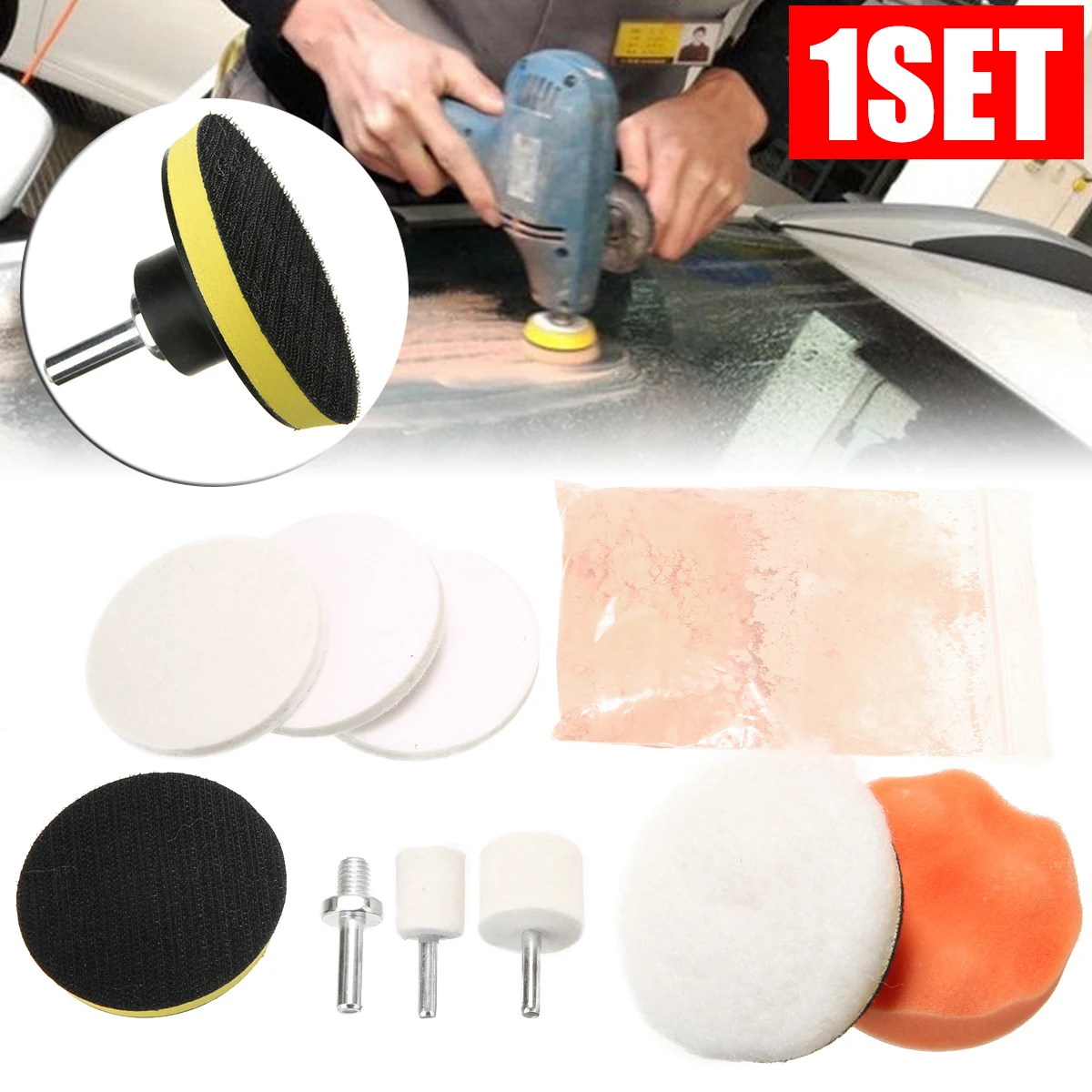 1set Car Windshield Window Glass Wool Felt Polishing Powder Scratch Remover Repair Kit M10 Thread Drill Adapter
