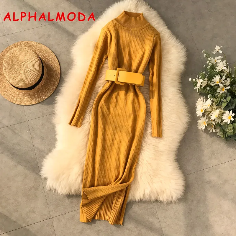 ALPHALMODA новое зимнее платье с высоким воротником и длинным рукавом с Боковым Разрезом женские пуловеры сексуальное зимнее платье с Повседневный поясной ремень подходит