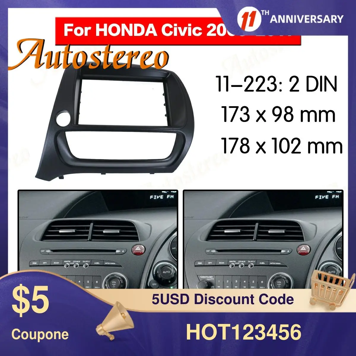 HECASA Car Radio Double 2 Din Install Dash Board Dashboard Kit Compatible with 2006-2011 Honda Civic Trim Bezel Panel Dark Gray 