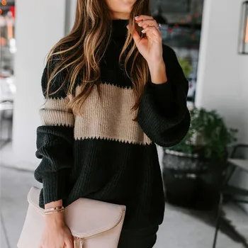 

OL Colorblock Striped Casual Loose Turtleneck Sweaters Women High Neck Long Sleeve Knitting Sweater Tops