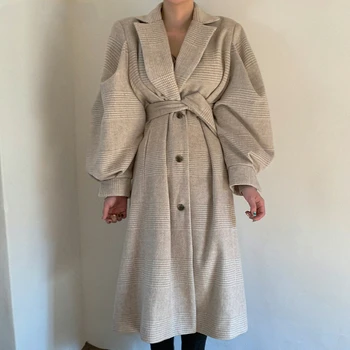 

Bornladies Vintage Lapel Plaid Women Woolen Coats Single-breasted Sashes Puff Sleeve Female Long Overcoats Ladies Blend Coats
