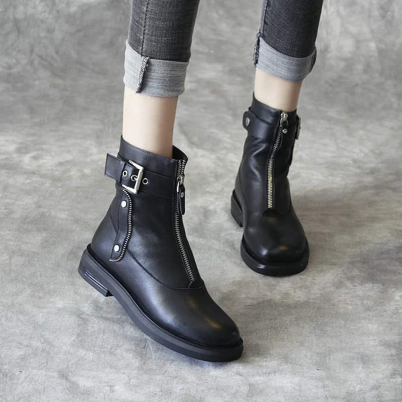 

Women Martin Boots Genuine Leather Low Heels Ankle Boots Shoes Women Winter Rivet 2019 Handmade Women Leather Motorcycle Boots