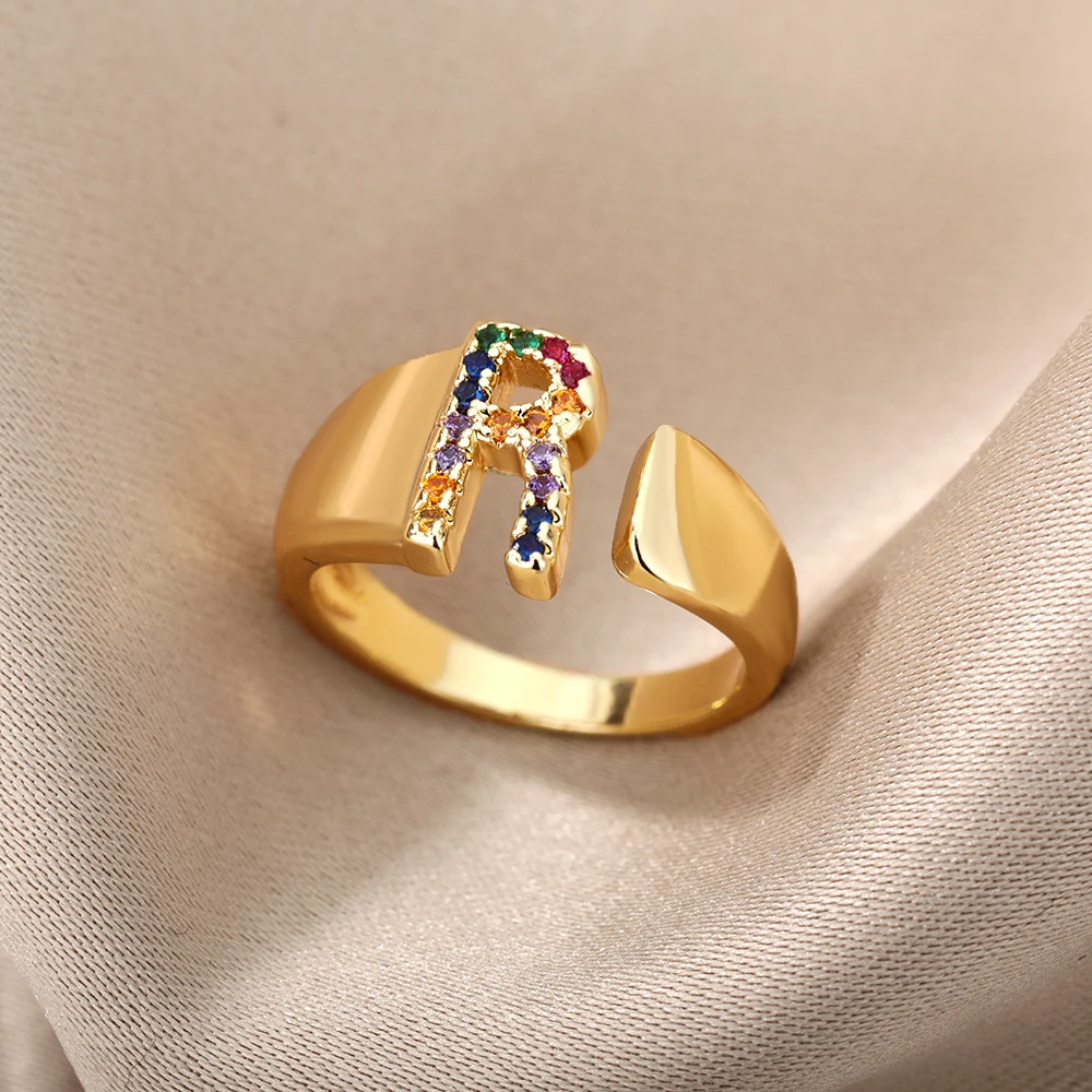 Rainbow Zircon Letter Rings For Women Stainless Steel A-Z Initial Ring Adjustable Finger Rings Boho Jewelry Wedding Gift
