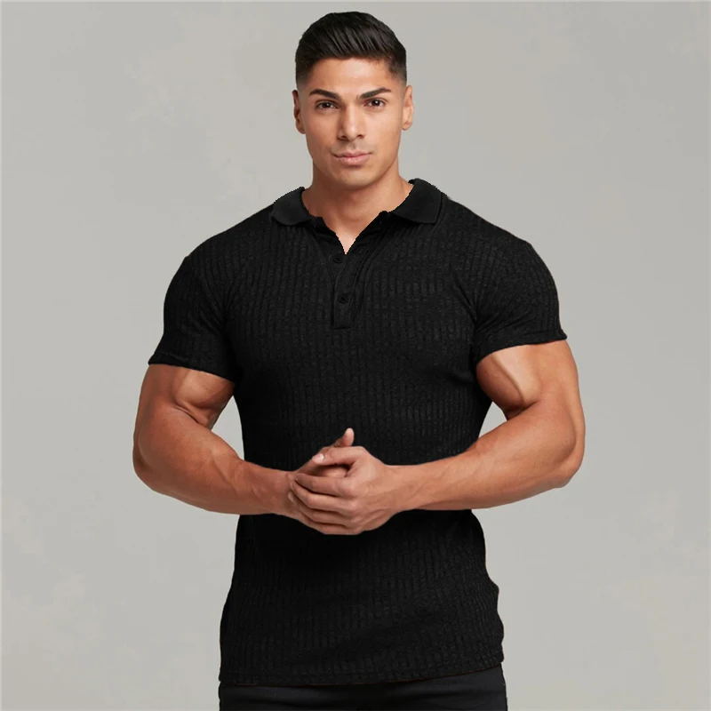 Gym Knitted Polo Shirt Men Fitness 