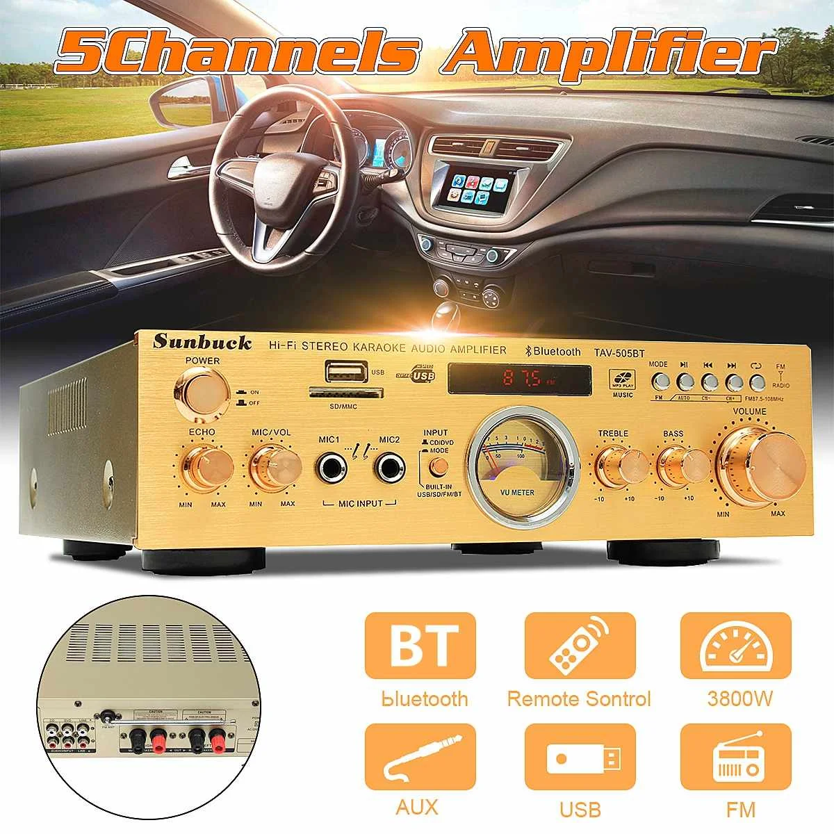 

Sunbuck Signal bluetooths Audio Signal Power Amplifier 3800W 220V-240V 5 Channel Speaker with Remote Control Support USB/SD Card