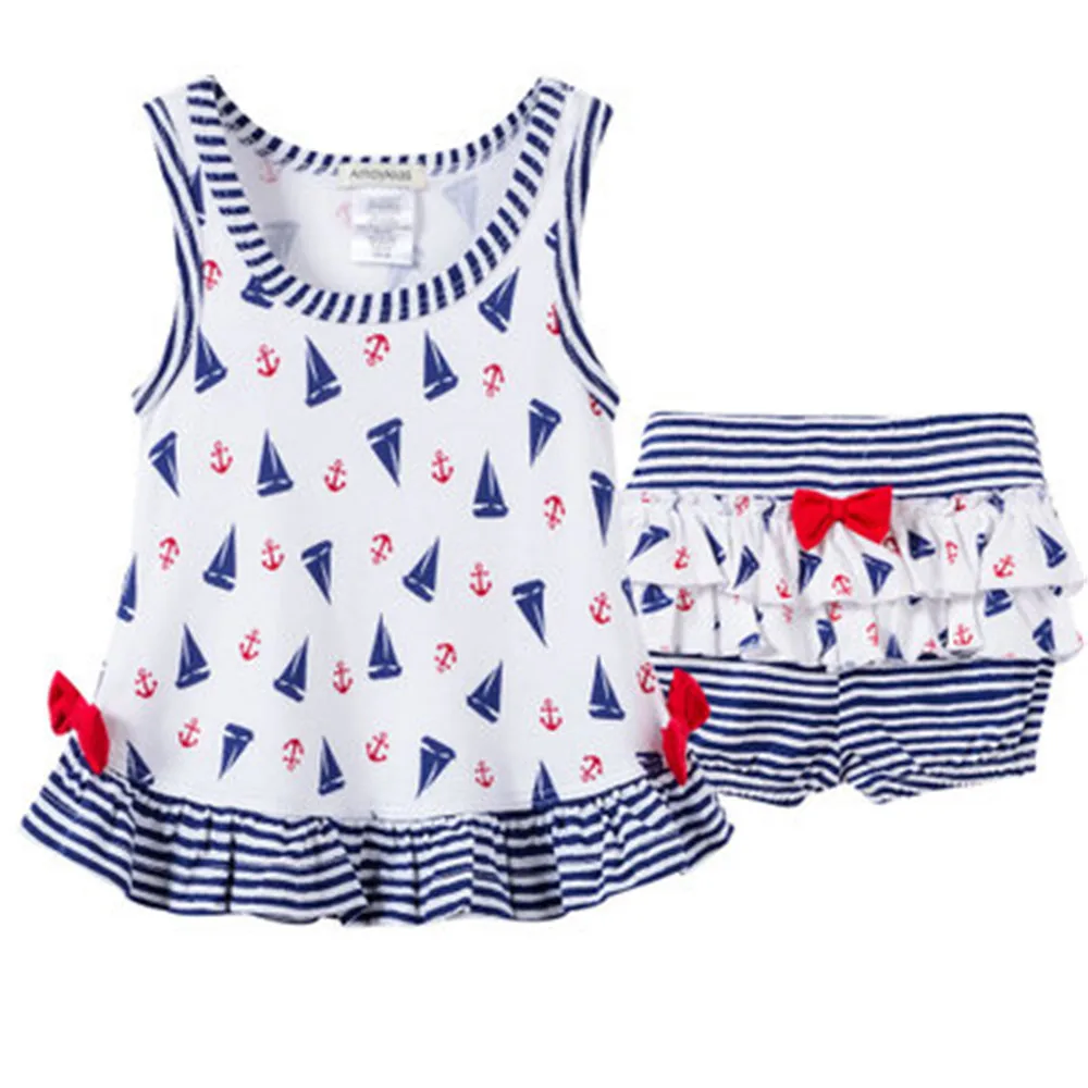 

Cotton Baby Girl Outfit Set Navy Blue Summer Girls Tank Top with Falbala and Shorts Set Bowknot 0-24 Months
