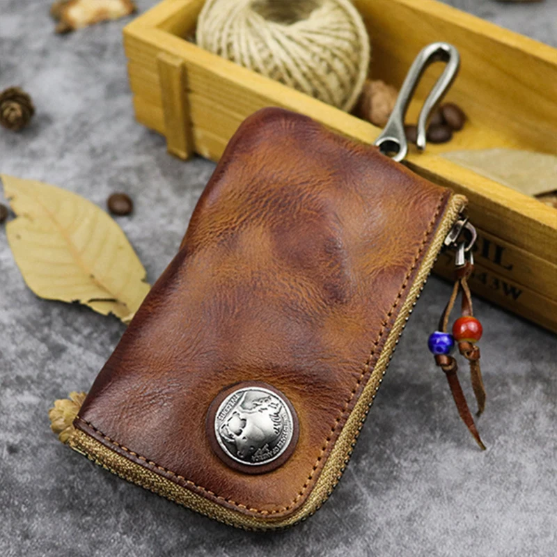 Cartera de cuero Original para hombre, cartera corta Vintage hecha a mano con cremallera para llaves de coche, monedero, estuche para tarjetas, organizador de bolsas, ama de llaves