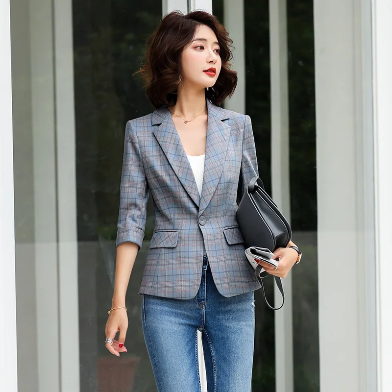

Small Suit Coat Women's Autumn Thin Korean-style Business Three-quarter-length Sleeve Plaid Short Suit 2019 Online Celebrity Sli
