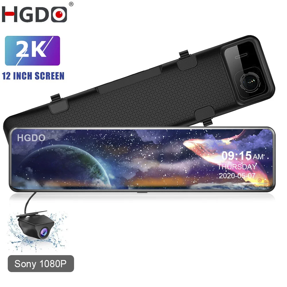 HGDO H66 12 Inch 2K 1440P Car DVR Hisilicon CPU Dual Sony Lens FHD Car Camera Dash Cam Video Recorder RearView Mirror Registrar