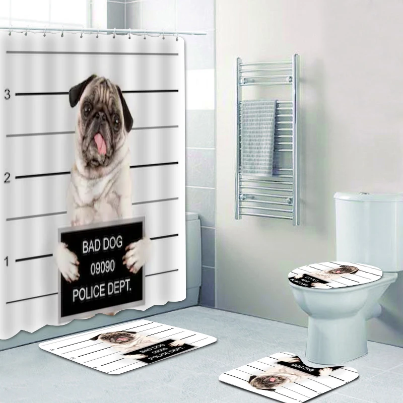 Pug Shower Curtain Dog Bath Caricature Funny Print for Bathroom 70 Inches Long 