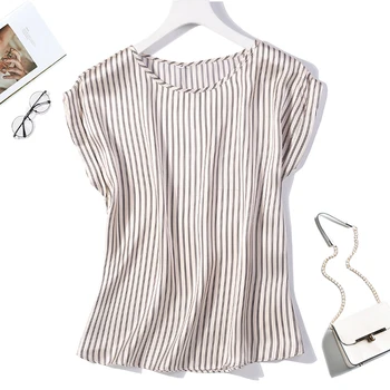 

Women's 100% Pure Silk Satin Stripes Top Shirt Blouse Crew neck short sleeve Plus Size L XL 2XL 3XL 4XL JN204