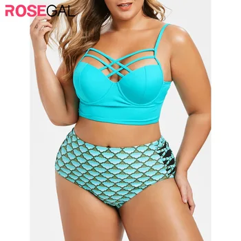 

ROSEGAL Plus Size Criss Cross Scale Print Mermaid Push Up Bikini Swimsuit Underwire Swimwear High Waisted Mermaid Bathing Suit