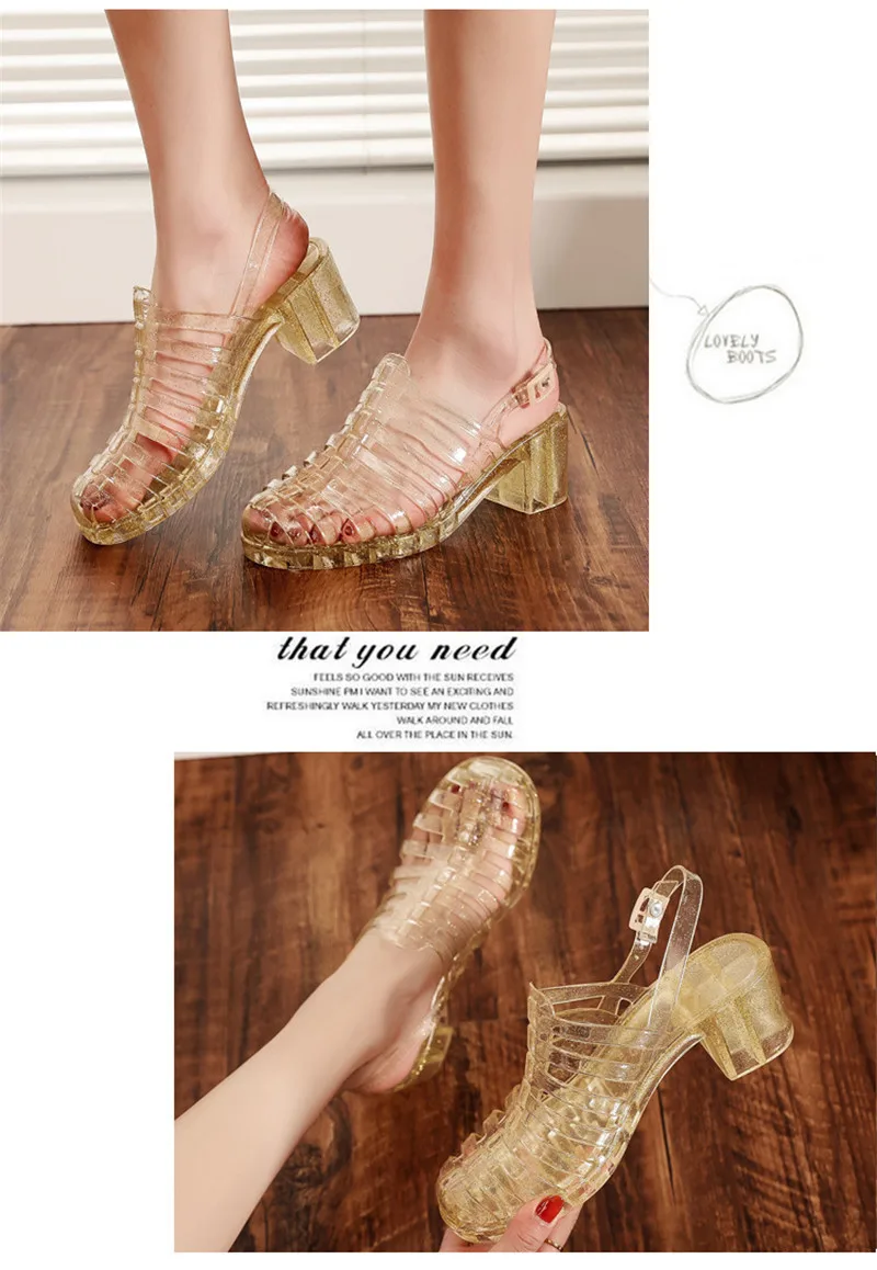 Rain Closed Toe Sandals Female High-Heeled Shoes Transparent Crystal Plastic Beach Women Jelly Shoes High Heels Sandals Slippers Waterproof  (14)