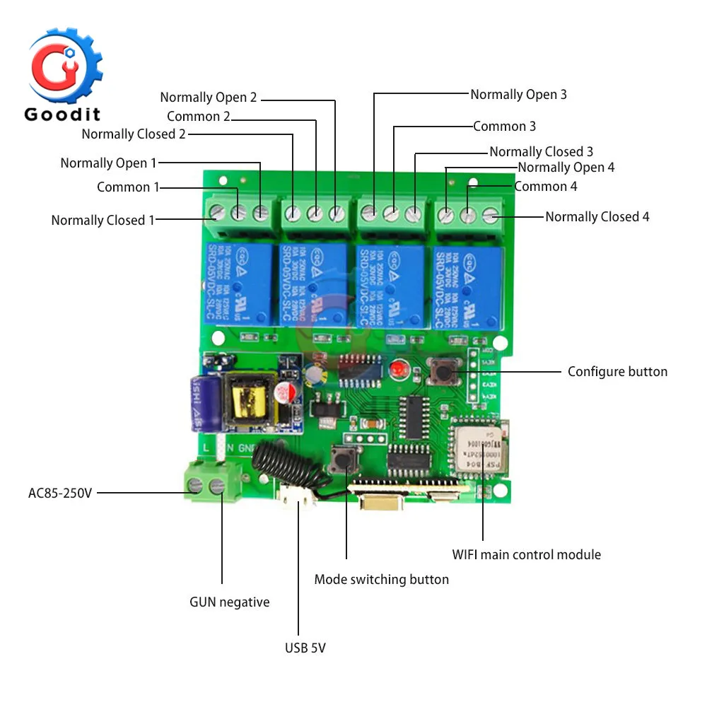 Wi-Fi переключатель таймер релейный модуль RF Sonoff WiFi переключатель 433 МГц 4CH AC 85-220 В с 433 МГц пульт дистанционного управления для умного дома