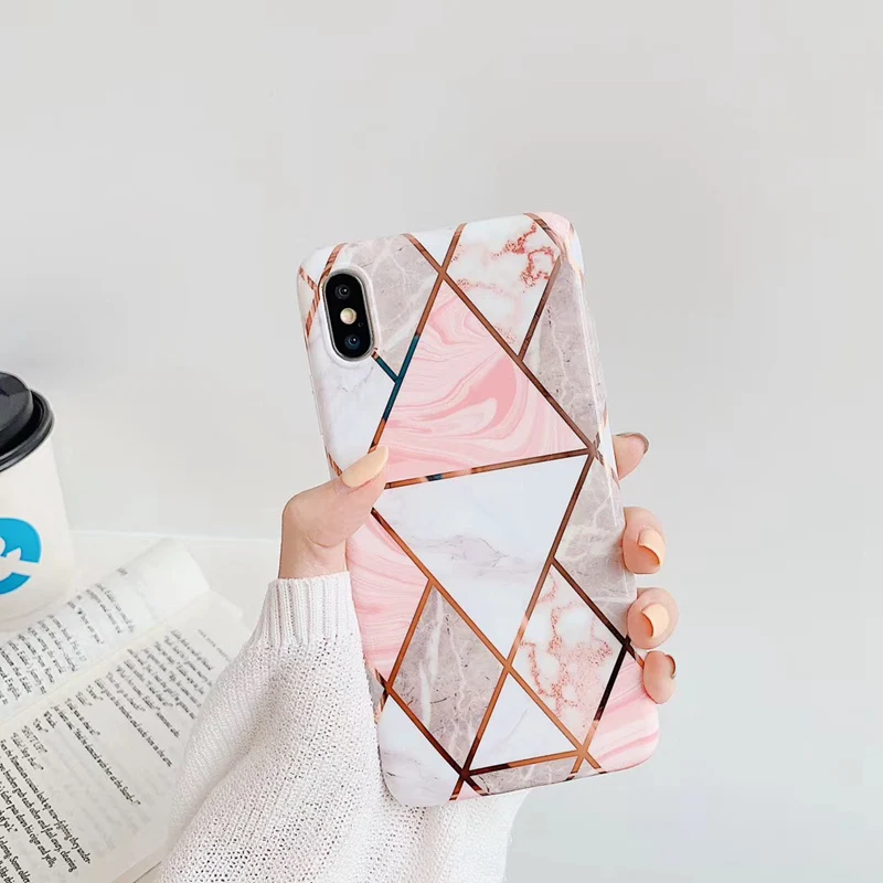 Роскошный чехол с мраморным покрытием для iPhone 11 Pro X XR XS Max, глянцевый геометрический чехол для iPhone 7 8 6s Plus, мягкая ТПУ подставка, задняя крышка - Цвет: Pink Triangle