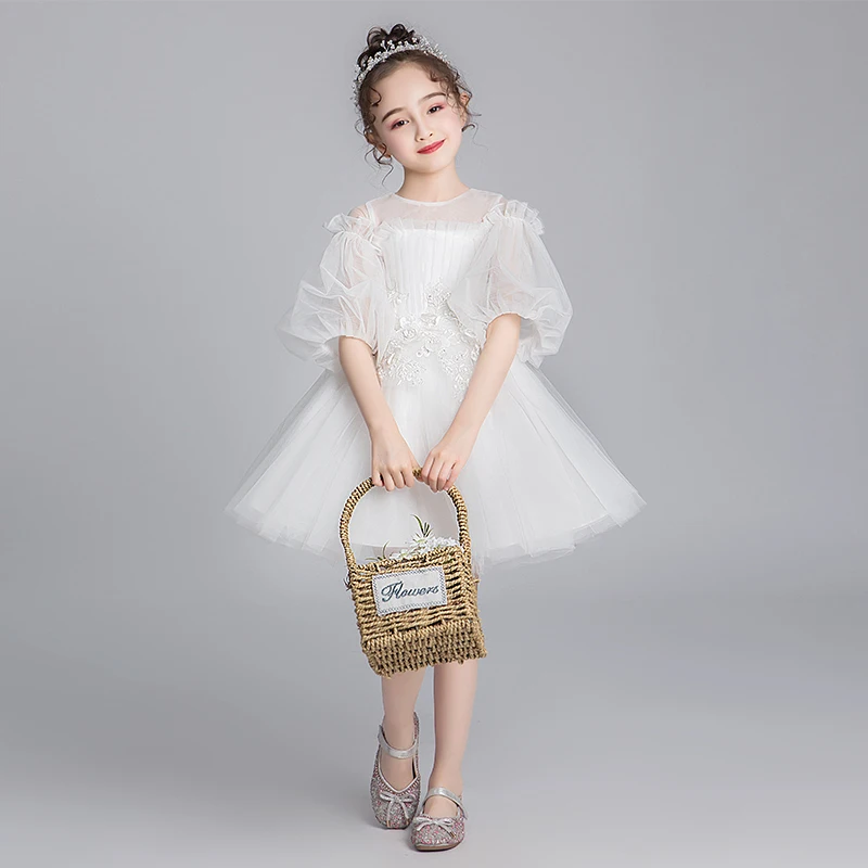 

White Tulle Embroidery Flower Princess Girl Dress Half Sleeve Wedding Birthday Party Dress Toddler Girls Pageant Communion Gowns