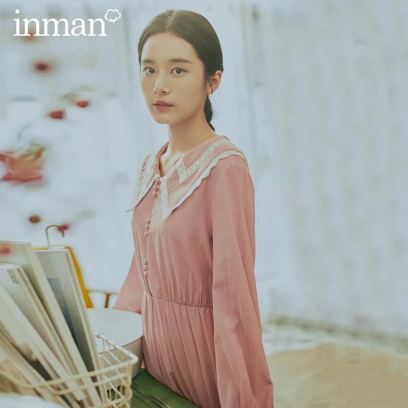INMAN 2020 Spring New Arrival Literary Splicing Doll Collar Age-reducing Sweet Pleated Long Sleeve Dress INMAN 2020 Spring New Arrival Literary Splicing Doll Collar Age-reducing Sweet Pleated Long Sleeve Dress