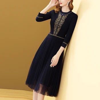 

Gedivoen Fashion Designer Knitting Mesh Dress Woemn 3/4 Sleeve High Street Elastic Waist A-Line Dress Elegant Party Dresses