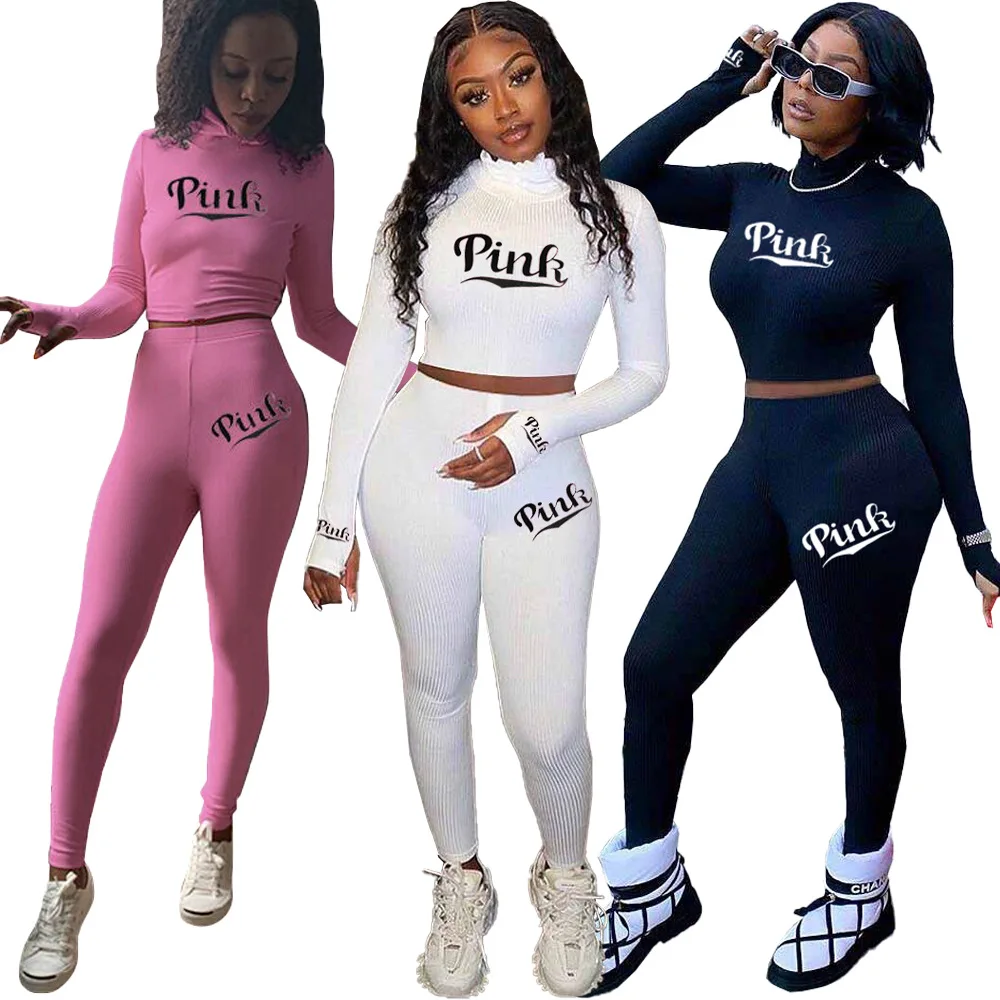 

Rib Embroidery Letter Printed High Neck Sexy Crop Tops and Slim Trousers Women Two Piece Outfits 2020 Autumn Casual Suits