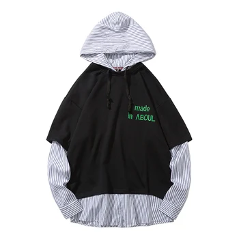 

Korean Fake Two Hoodies Men Thick Hooded Splice Hip Hop Trendy Vertical Stripes Loose Cotton Long Sleeve Hoodie Sweatshirt Men