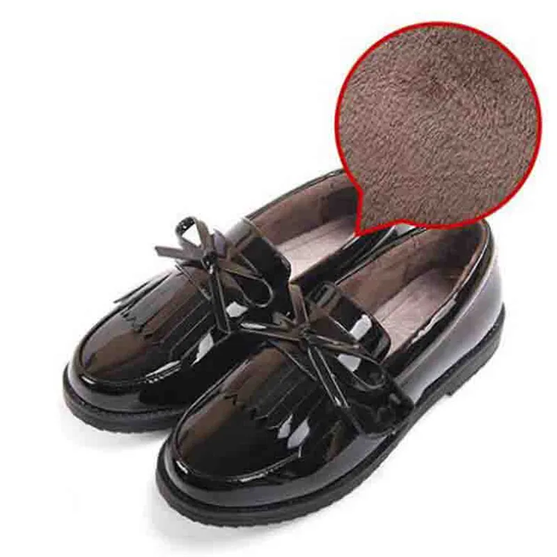 black with velvet Weoneit/Новинка; сезон весна-осень-зима; детская обувь из искусственной кожи для мальчиков и девочек; Детские оксфорды с бахромой; Брендовая обувь с бантом на плоской подошве; Размеры 26-39 - Цвет: black with velvet