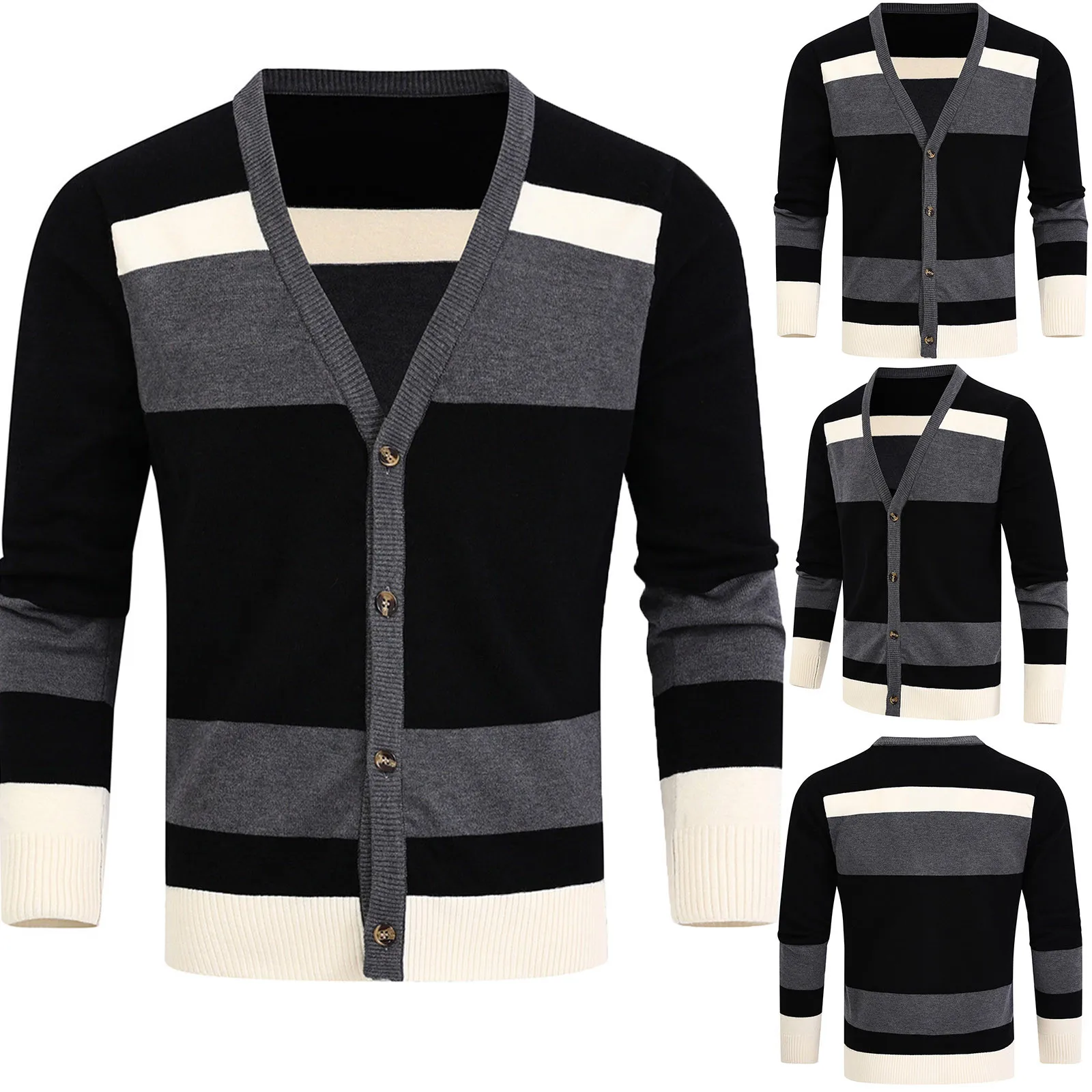 Men's Long Sleeved V-neck Cardigan Sweater Autumn&winter Striped Color Contrast Casual Stand Collar Stretch Slim Basic 1