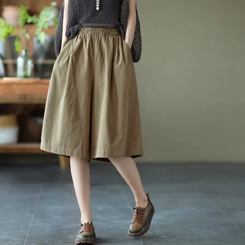 

New Arrival Summer Korean Style Women Casual Loose Elastic Waist Knee Length Pants All-matched Cotton Linen Wide Leg Pants P50