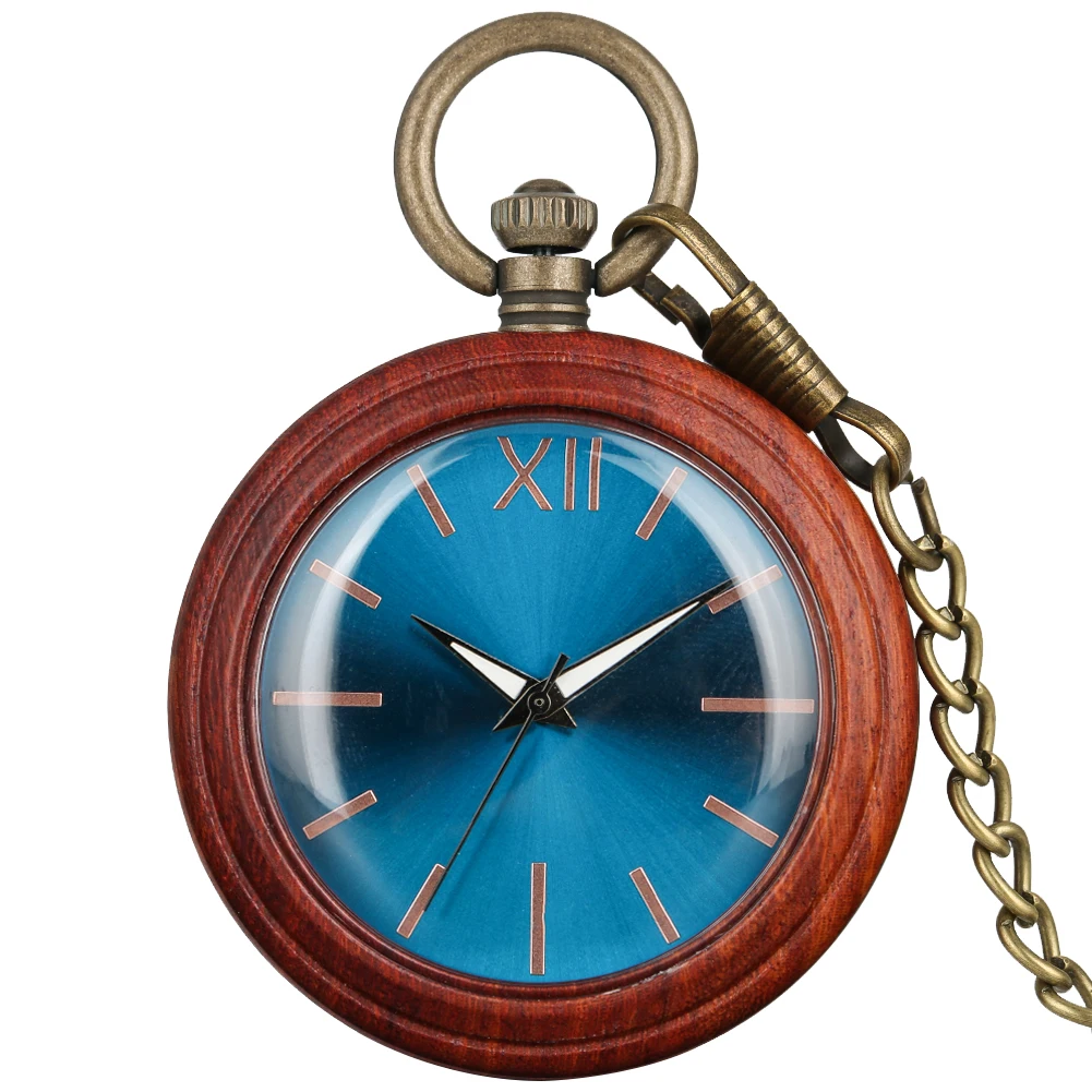 Retro Blu-ray Surface Dial Red Sandalwood Case Pocket Watch Men Exquisite Bronze Rough Chain Women Necklace zuster klokje
