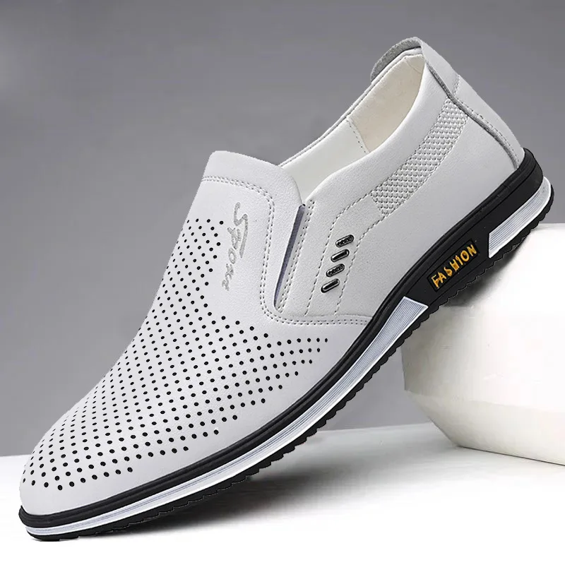 Zapatos casuales de cuero para hombre, zapatos informales de primavera e invierno, transpirables, de cuero británico, sin cordones, color blanco, 2021 - Imagen 2