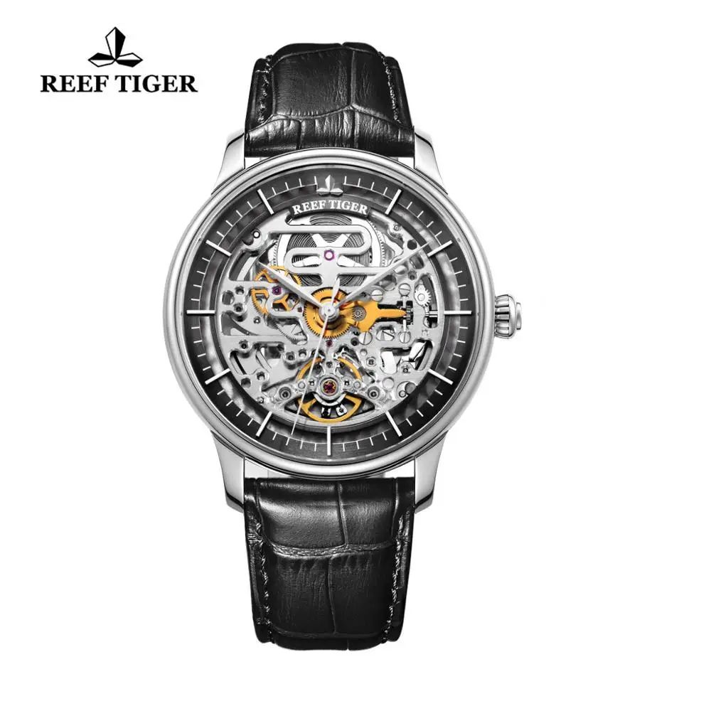 Мужские часы скелетоны на кожаном ремешке с автоматическим ремешком|tiger design|watch