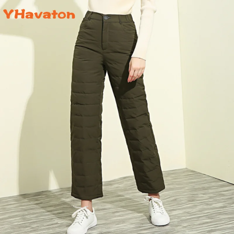 Military Green Модные облегающие зимние женские брюки с высокой талией, утиный пух, большие размеры, женские теплые плотные широкие брюки, женские брюки, OutWea - Цвет: Military Green
