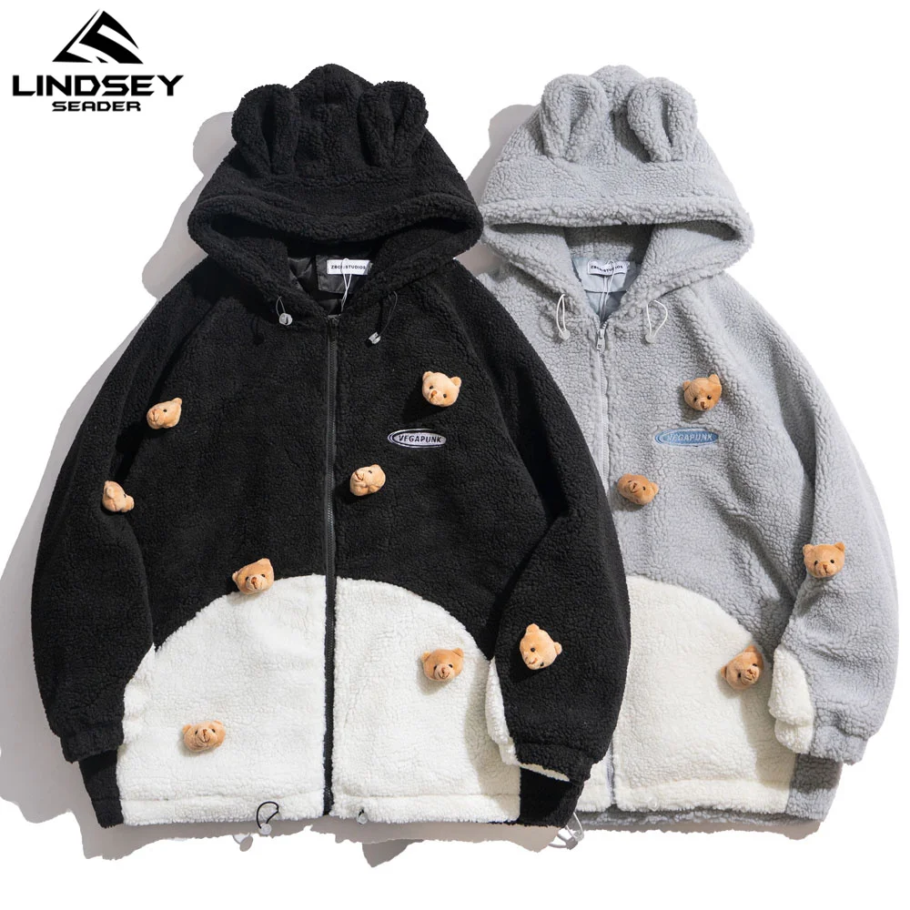 

LINDSEY SEADER Mens Winter Warm Jacket Cashmere Wool Cute Bear Ears Hood Couples Coat Thick Cotton Liner Jacket Women Clothing