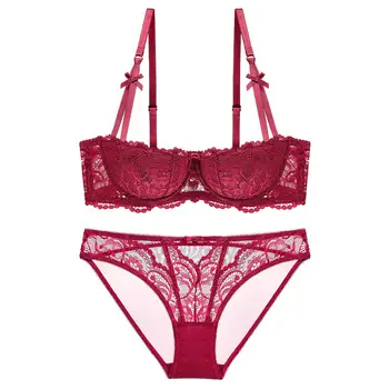 

New Plus Size Women Sexy Bra Set Intimates Lace Half Cup Lingerie Thin Temptation And Panty Transparent Brief Sets
