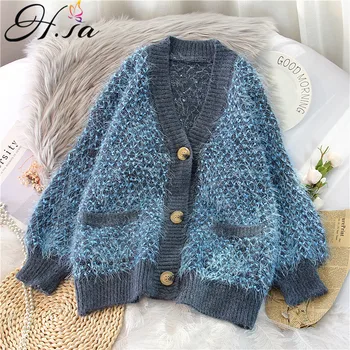 

H.SA 2020 Spring Autumn Women Casual Sweater and Cardigans Winter Overcoat Loose Style Thick Mohair Knit Jacket Loose Cardigans