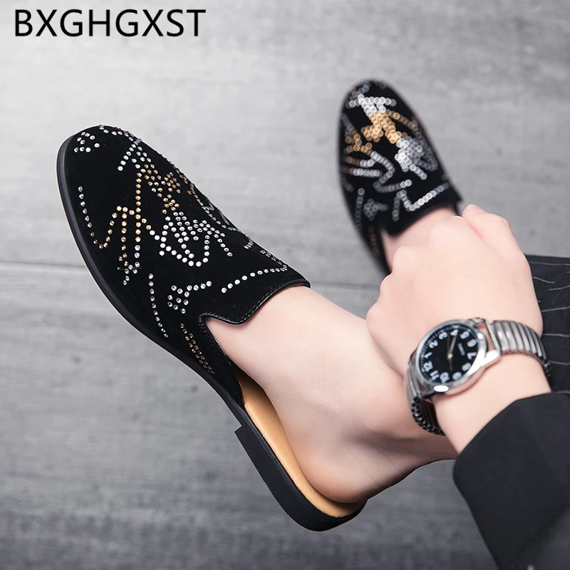 Coiffeur half shoes for men fashion Rhinestone mules shoes men slippers summer black 2020 slippers outdoor mens shoes casual