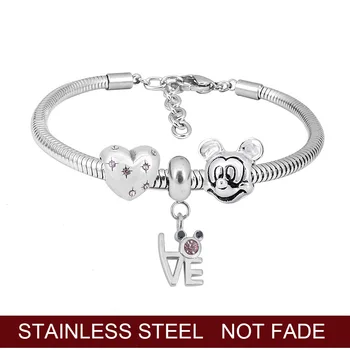 

Silver Color Mickey & Heart Love Charm Pink Crystal Pendant Beads Bracelets for Women Jewelry Fashion Girl Gift