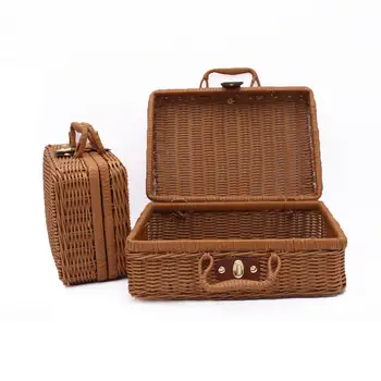 

Travel Picnic Basket Handmade Wicker Storage Case Vintage Suitcase Props Box Weave Bamboo Boxes Outdoor Rattan Organizer