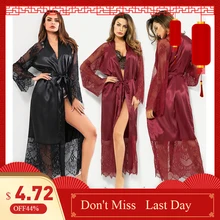 Женская Сексуальная атласная пижама, халат, халат, женское белье, пижама, женский пояс, имитация шелка, кружево, длинный рукав, халат, vestaglia