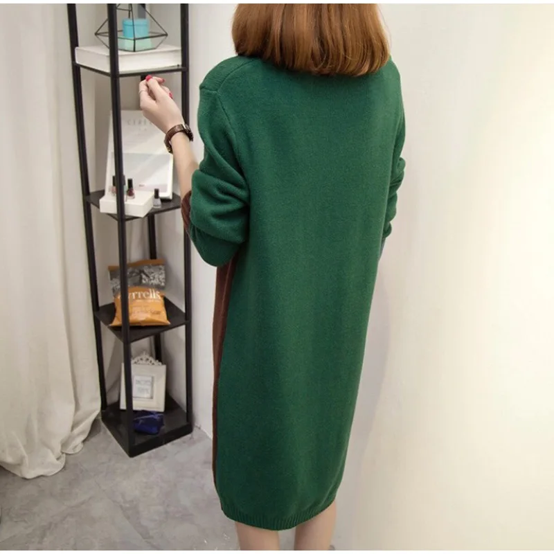 Большие размеры 3XL женское осенне-зимнее трикотажное платье с длинным рукавом в стиле пэчворк платья-свитера женские модные длинные вязаные пуловеры