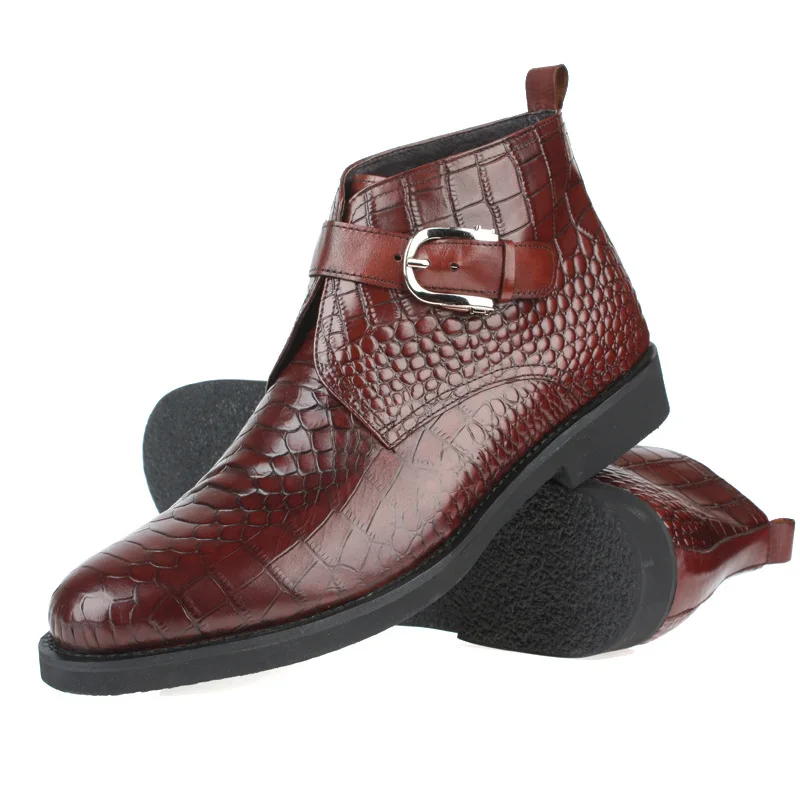 

Buckle Men Boots Round Toe Leather File High Top Leather Short Boots Trend Work Crocodile Pattern