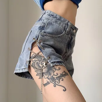 

Sexy Denim Shorts With Chain Women Lace Up Pocket Jeans Shorts Highwaisted Mini Jeans Korean Fashion Hot Shorts 2020 Summer