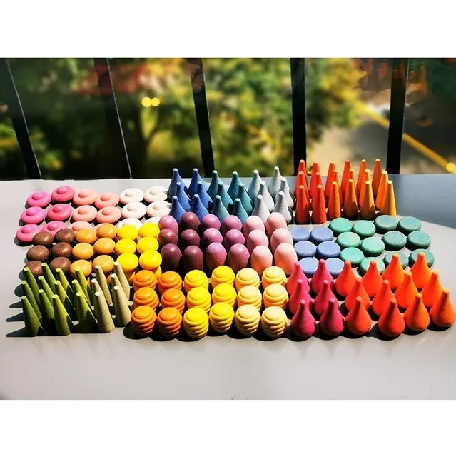 6pcs Children Wooden Rainbow Mandala Loose Parts Toys Mushrooms Honeycomb Droplets Tree Cones Mini Coins Building Blocks 3