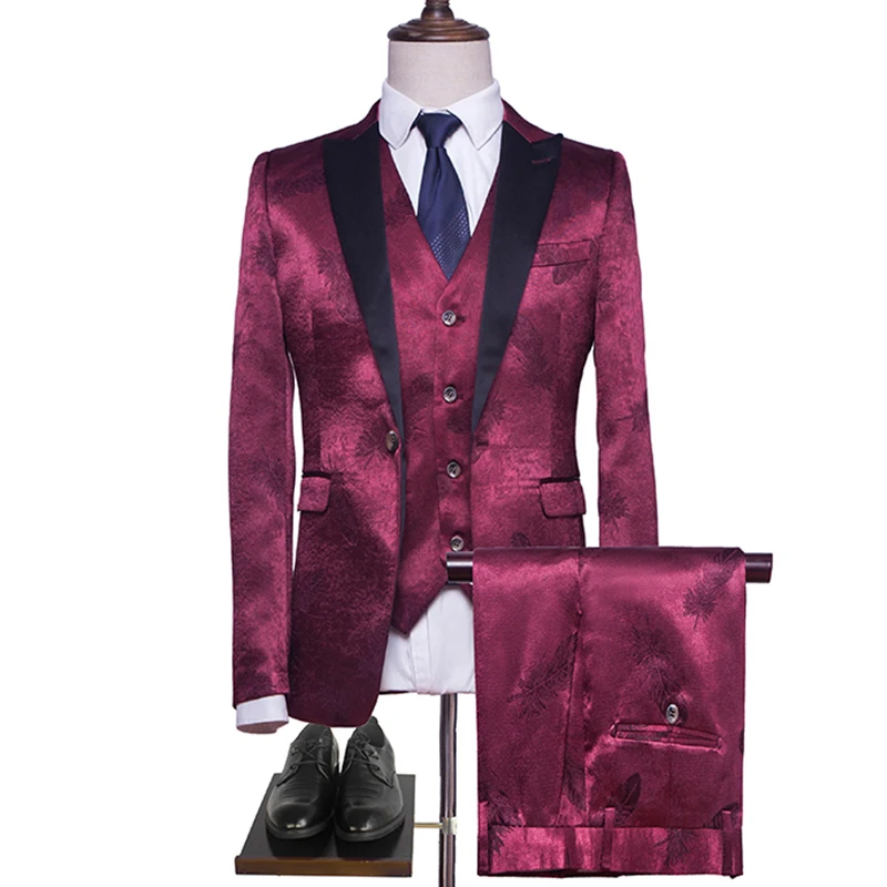 

(Blazer + pants + vest) luxury printing banquet men's fashion suit suit three-piece / groom married Slim high-end custom suit
